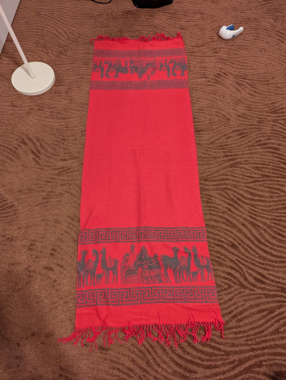 Red Fringed Maxi Scarf with Grey Llama Motif